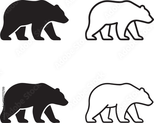 Bear icon set, wild animal icons, wildlife nature forest icons, black silhouette line outline filled minimal thin stroke, modern vector icon pack for animal and zoo