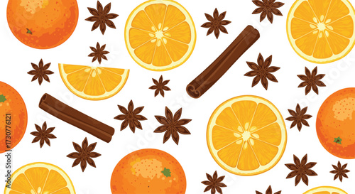 Aromatic citrus and spice festive background pattern.
