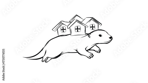 Line art illustration of a small weasel-like animal carrying multiple houses on its back, symbolizing home, moving, or property concepts.