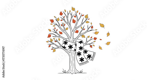 An artistic tree with falling leaves and a patterned trunk represents the changing seasons.