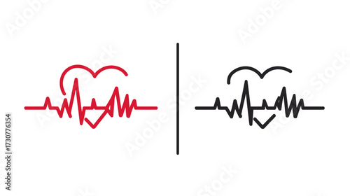 Red and black vector outline of a heart with an electrocardiogram (ECG/EKG) pulse line, symbolizing health, life, and cardiology.