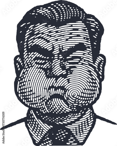 Vintage linocut illustration of a man holding his breath with puffed cheeks. Retro black and white graphic art of a businessman's face with a unique ripple effect.