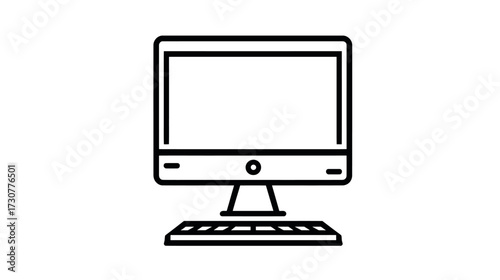 Modern desktop computer icon with monitor and keyboard in line art style, representing technology, office work, and digital communication.