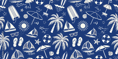 Seamless pattern of white summer vacation icons on a navy blue background