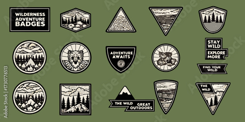 Collection of vintage style wilderness adventure badges and patches featuring mountains forests and wildlife