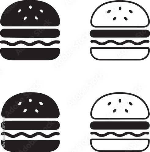 Burger icon set, fast food sandwich icons, meal restaurant snack icons, black silhouette line outline filled minimal thin stroke, modern vector icon pack for food and cafe