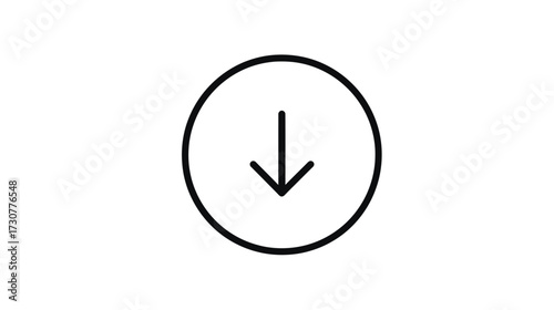 Simple downward arrow icon inside a circular outline. UI graphic element for download, scroll, or direction indicators.