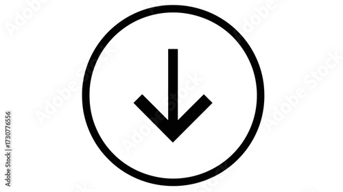 Abstract minimalist black down arrow symbol within a circular outline. UI design element for digital download or scroll action.