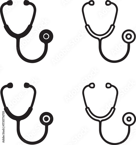 Stethoscope icon set, medical diagnostic icons, healthcare hospital tools, black silhouette line outline filled minimal thin stroke, modern vector icon pack for health and doctor