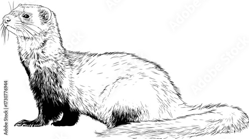 Detailed black and white line art illustration of a cute ferret, standing in profile, looking alert, pet animal drawing