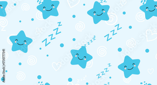 Cute sleepy stars in a pastel blue sky with zzz.