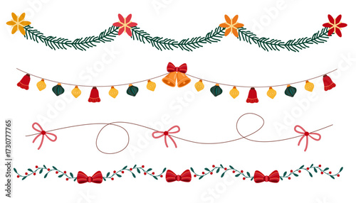Vector set of Christmas garlands, branches and bows. Festive collection for xmas greeting cards, banners, flyers, posters.