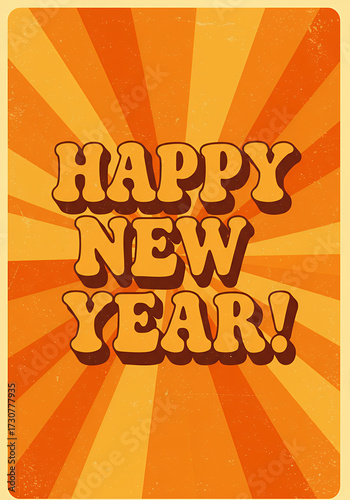 Happy New Year greeting card with retro design and orange rays  