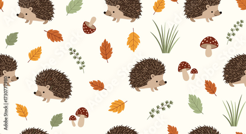 A charming pattern of hedgehogs and autumn leaves.