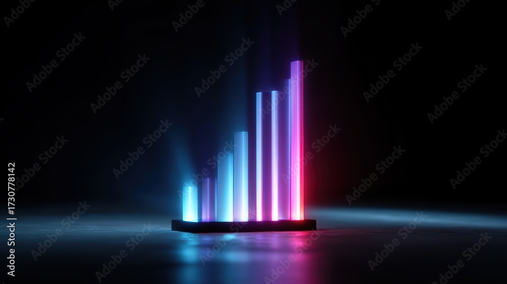Obraz premium 3D chart visualization with glowing neon bars and holographic effect
