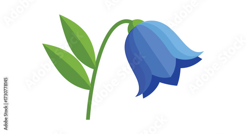 A single bluebell flower bends gracefully on its stem with two green leaves.