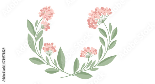 A delicate arrangement of soft pink flowers and green leaves.