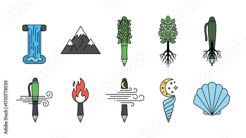 Elemental Pen Icon Collection: A vibrant assembly of creative symbols, blending writing tools with natural elements like cascading waterfall, mountain range, fiery flame, and a gentle ocean.