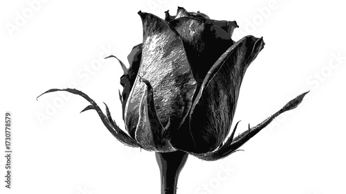 Striking monochrome rosebud isolated on a pure white background, showcasing delicate petals and elegant floral beauty with a dramatic feel.