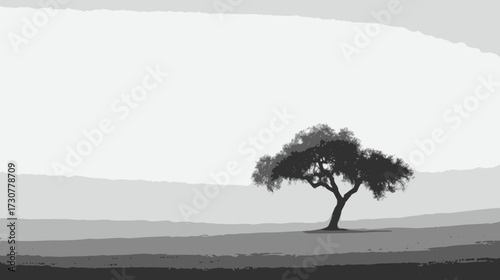 Monochromatic landscape illustration featuring a lone silhouetted tree on a vast plain, minimalist black and white digital art style