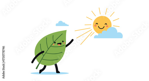 A happy green leaf reaches for the smiling sun.