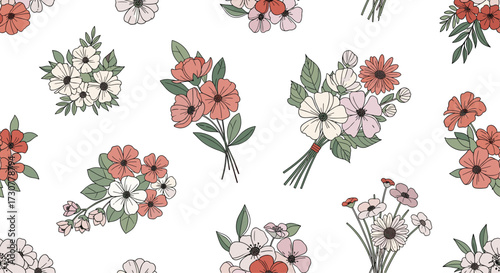 A charming collection of floral bouquets scattered across a white background.