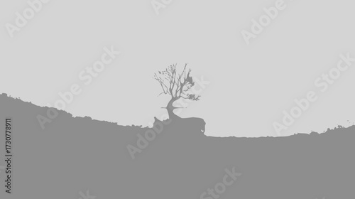 Tranquil minimalist silhouette of a lone gnarled tree and deer on a hill against a grey sky, nature landscape illustration