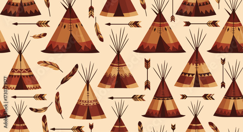 Tribal pattern with teepees arrows and feathers.