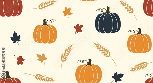 A festive pattern of pumpkins and autumn leaves for harvest season.
