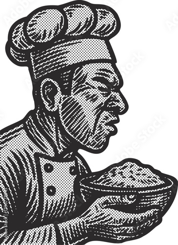 Comical chef illustration sneezing from flour dust in a bowl. Humorous black and white vector art for food-related designs, blogs, and culinary content. Kitchen mishap graphic.