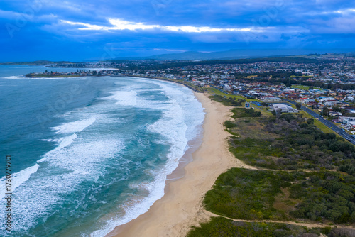 Drone aerial photograph of the South Pacific Ocean and beach at Windang Bay near the coastal town of Warilla in the Illawarra region on the south coast of NSW, Australia.