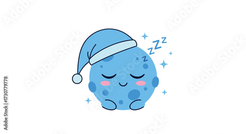 A cute blue moon character is sleeping soundly in its cozy hat.