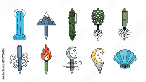 Creative Writing Illustration: A collection of creatively designed pens, each representing a different concept.