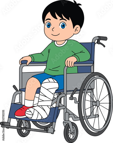 Cartoon child in wheelchair, injury recovery illustration, mobility aid concept, bandaged leg, healthcare awareness, assistive device, vector art, disability support