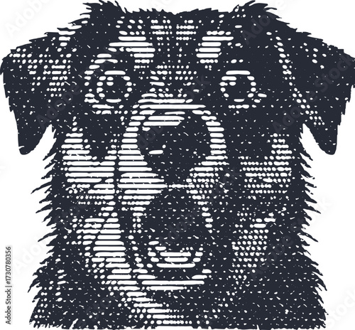 Grunge linocut art of a friendly smiling dog. Textured, rough, and stylized vector portrait of a happy shaggy puppy. Monochrome graphic for design.