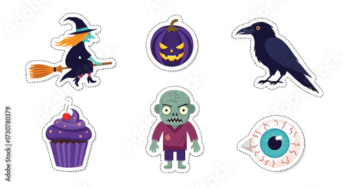 A spooky set of Halloween stickers featuring a witch zombie pumpkin crow cupcake and eyeball.