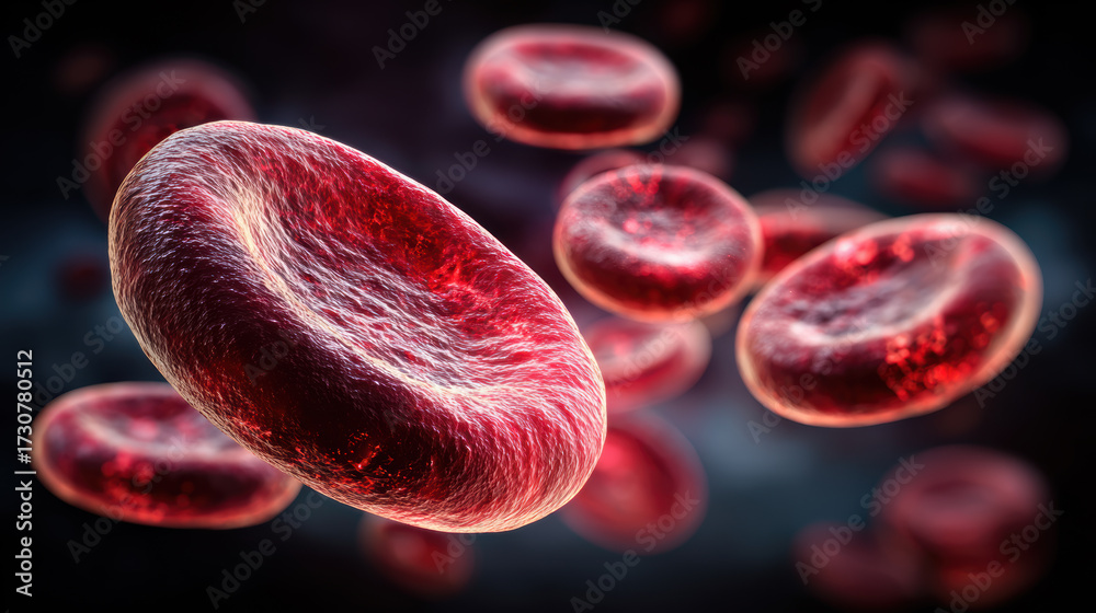 Fototapeta premium Red blood cells, erythrocytes, in vessels, microscopic image