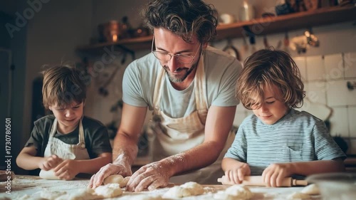 A father and his two kids roll dough and shape cookies in a cozy kitchen.
