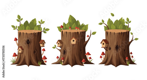 Enchanted forest tree stumps with birdhouses and mushrooms.