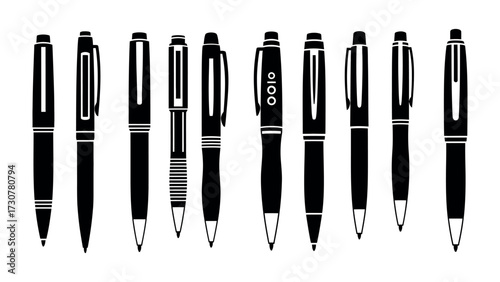 Elegant Ink Instruments: A diverse array of sleek, monochrome pens stands proudly, exuding an aura of timeless design and precision in a vector style. 