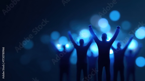 Business teamwork and success concept, flat minimal icons, digital glowing abstract background