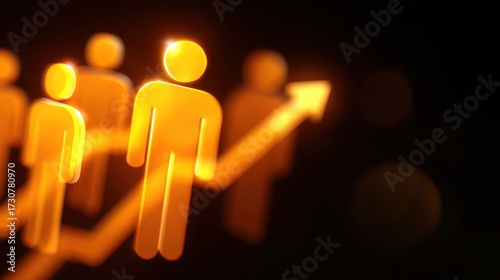 Business teamwork and success concept, flat minimal icons, digital glowing abstract background