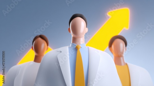 Teamwork and business success illustration, flat minimal icons, glowing futuristic digital background