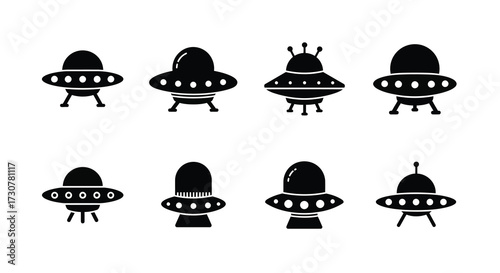 A collection of various black silhouette spaceship and ufo designs