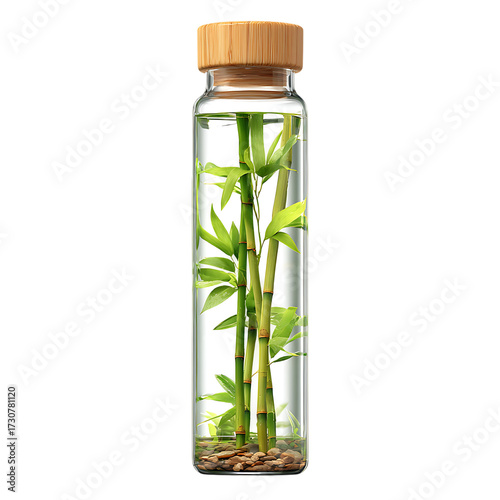 Glass water bottle with bamboo design. PNG