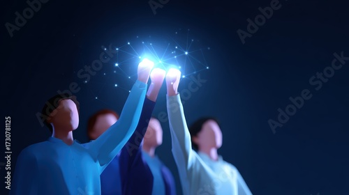 Teamwork and business success illustration, flat minimal icons, glowing futuristic digital background