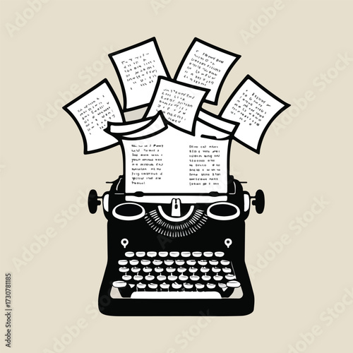Flat solid color vector design for National Poetry Day showing vintage scrolls, pen nibs transforming into words, stacks of books, and poets writing under trees for posters and creative projects.