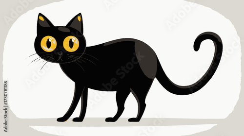 Cute Cartoon Black Cat Vector Illustration with Large Golden Yellow Eyes. Adorable Feline Animal Character Design.