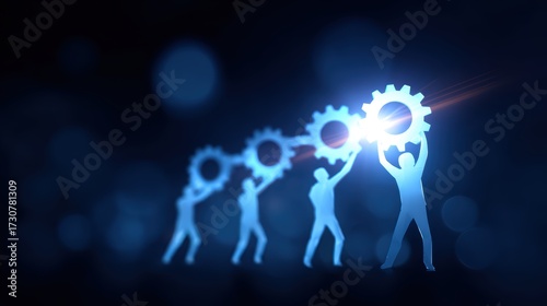 Teamwork and business success concept, flat minimal icons, glowing abstract digital background