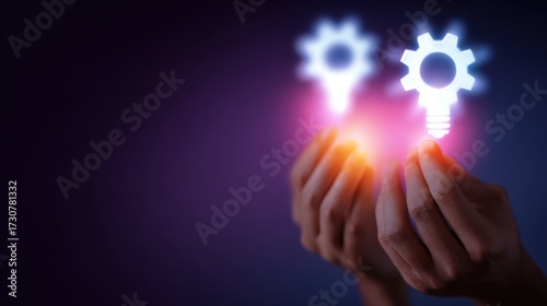 Business teamwork and innovation concept, flat minimal icons, glowing futuristic abstract patterns